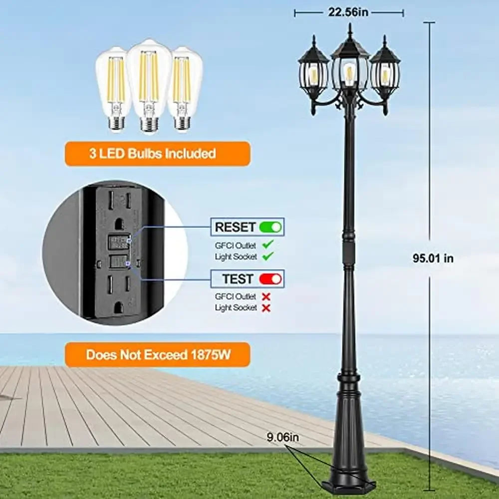 Outdoor Lamp Post Light with GFCI Outlet 3-Head Glass Panels