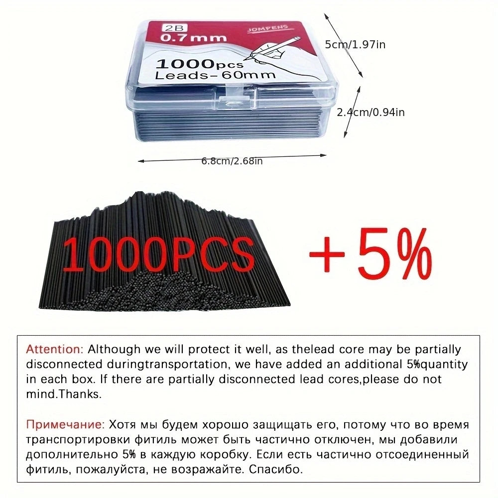 700/1000pcs Mechanical Pencil Lead 0.5 0.7 0.9mm 2B 60mm Art Drawing Automatic Pencil Replaceable Refills 2 Tubes Stationery