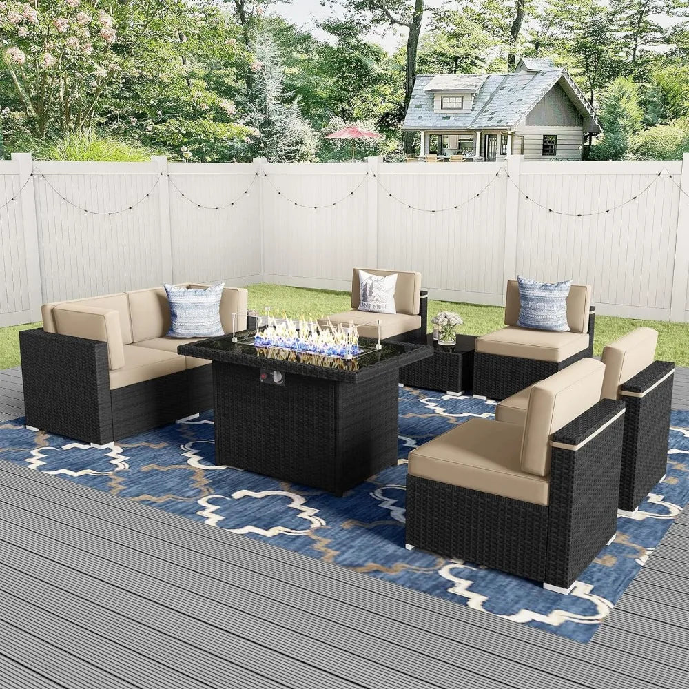 8 Piece Patio Furniture Set with 44" Propane Gas Fire Pit Table, Outdoor Wicker Conversation Sofa Set with Coffee Table