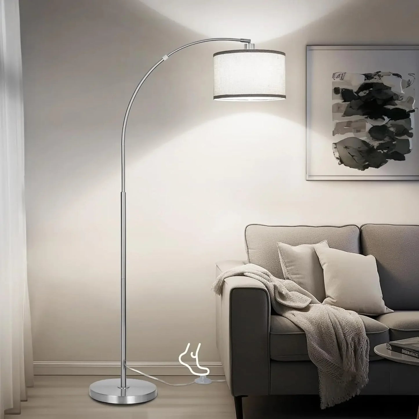 Modern Standing Lamp with Adjustable Drum Shade, Arched Floor Lamp with Foot Switch