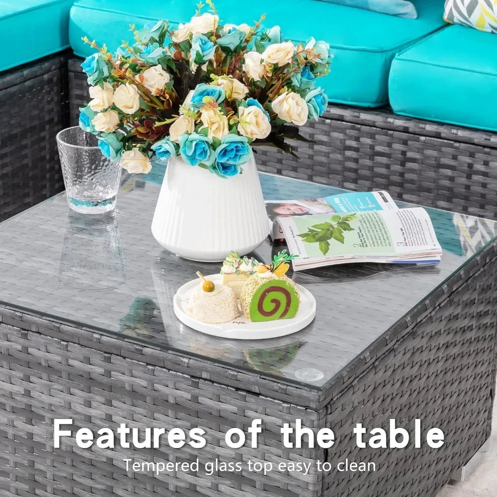 All-Weather Rattan Wicker Sofa with Washable Cushion and Glass Table