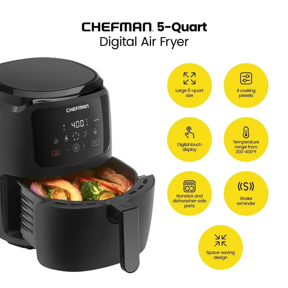 Digital Air Fryer 5 Qt One Touch Control Nonstick Presets French Fries Chicken Fish Meat LED Shake Reminder Automatic Shut-Off