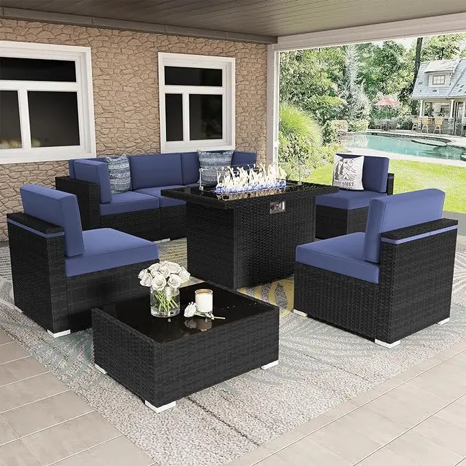 8 Piece Patio Furniture Set with 44" Propane Gas Fire Pit Table, Outdoor Wicker Conversation Sofa Set with Coffee Table