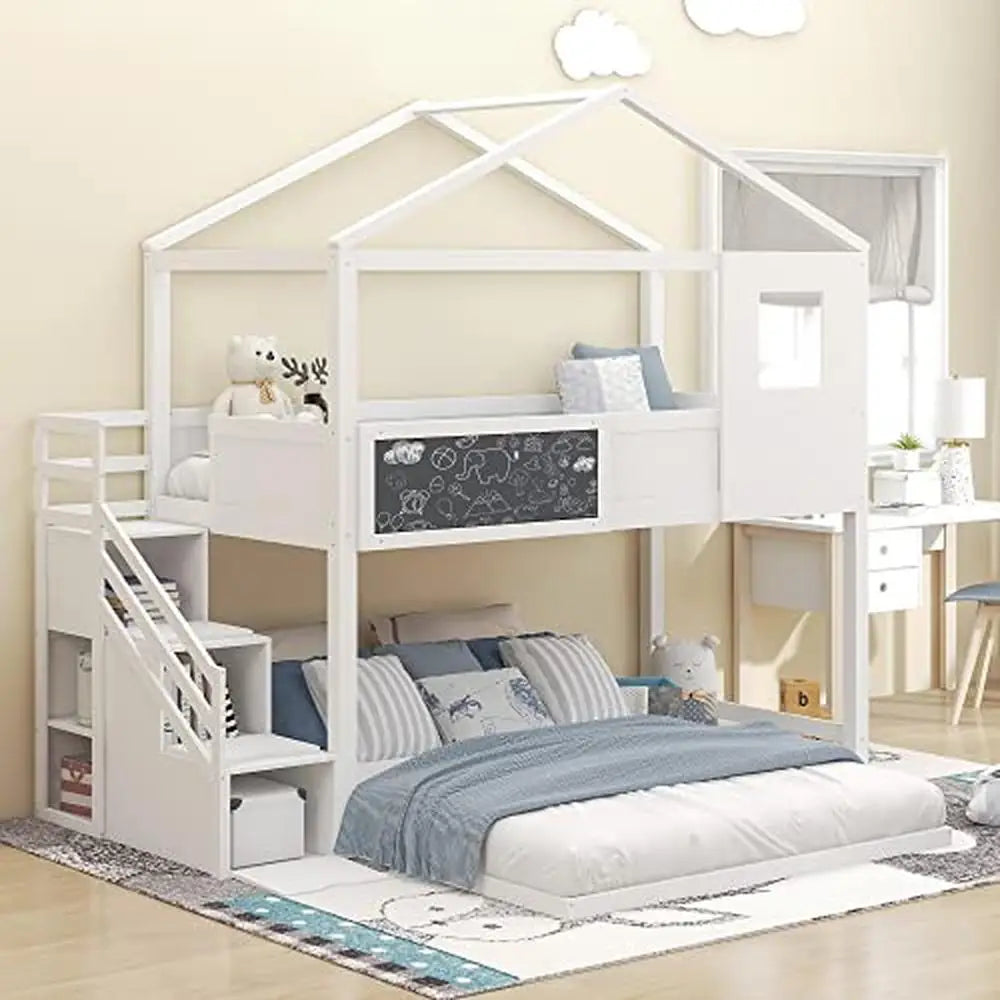 Kids Mini Loft Bed with Storage Stairs & Play Area House Bunk Beds