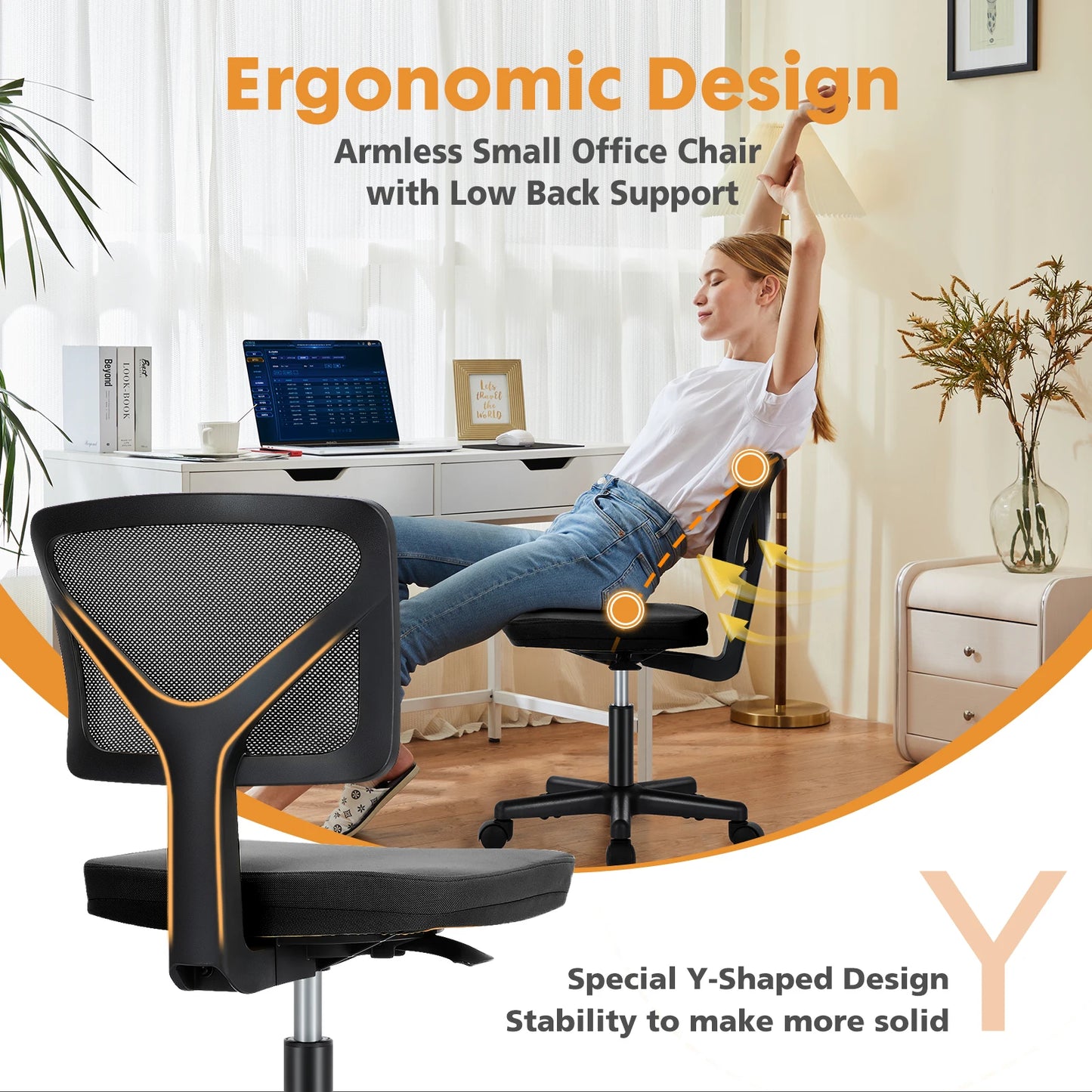 Office Mesh with Lumbar Support Armless  Chair 
Low Back with Wheels Adjustable Height 360° Rolling Swivel Computer Chair