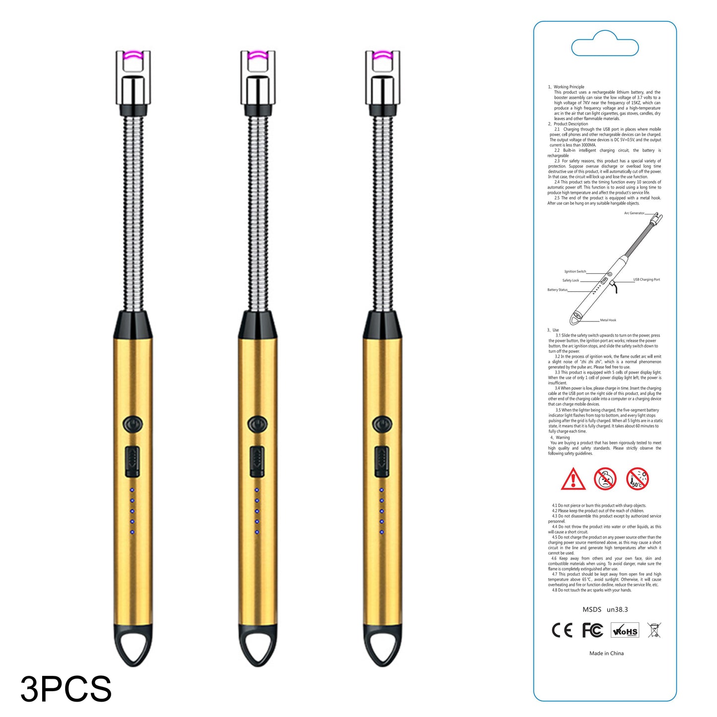 3pcs Rechargeable Electric Lighters, TYPE-C Plasma Arc Kitchen Lighter, Windproof Arc Lighter, Candle Lighter, BBQ Grill Lighter