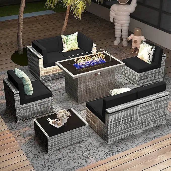 8 Piece Patio Furniture Set with 44" Propane Gas Fire Pit Table, Outdoor Wicker Conversation Sofa Set with Coffee Table