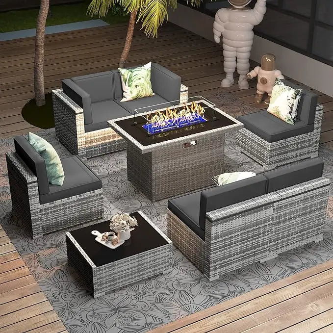 8 Piece Patio Furniture Set with 44" Propane Gas Fire Pit Table, Outdoor Wicker Conversation Sofa Set with Coffee Table