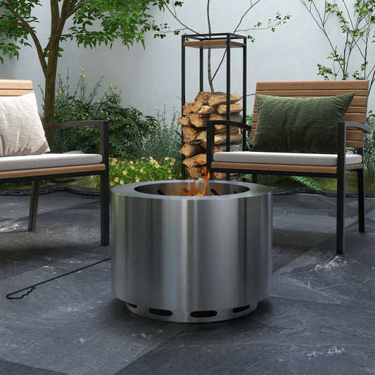 Outsunny Smokeless Fire Pit with Poker 19" Firepit, Stainless Steel, Silver