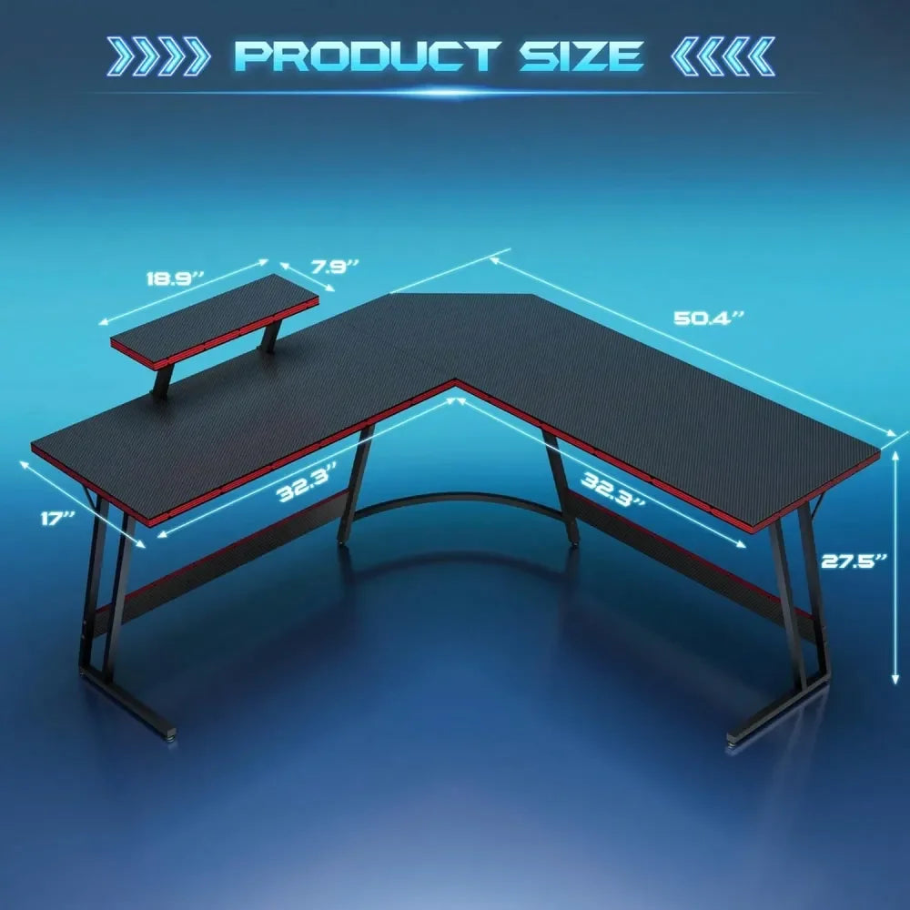 L Shaped Gaming Desk Computer Corner Desk PC Gaming Desk Table With Large Monitor Riser Stand For Home Office Sturdy Writing Wo