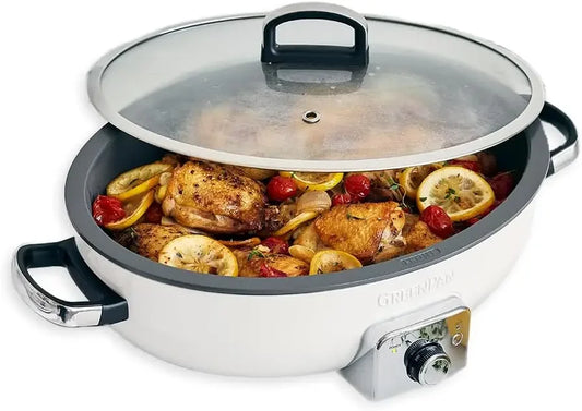 Elite 5.5QT Electric Oval Skillet, Dishwasher Safe Lid & Removable Crock,
PFAS-Free Ceramic Nonstick, 
1800 Watt,  Adjustable Temp