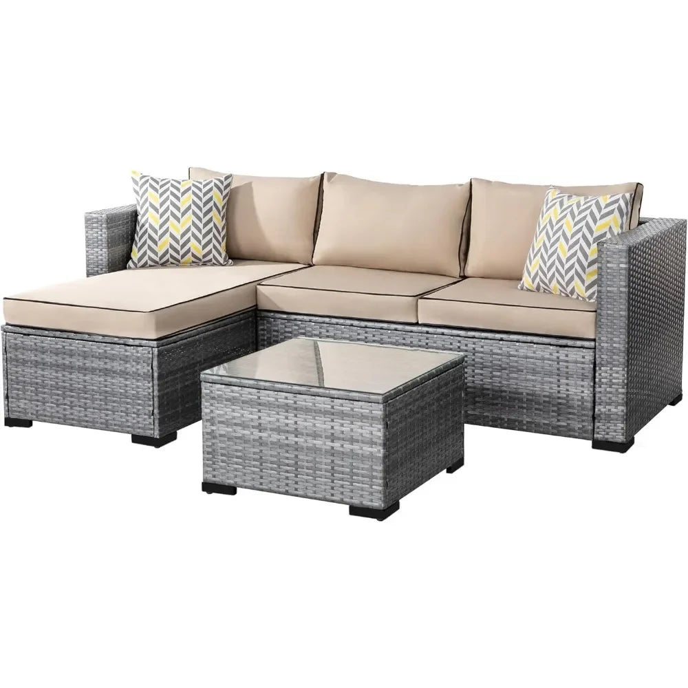 All-Weather Rattan Wicker Sofa with Washable Cushion and Glass Table