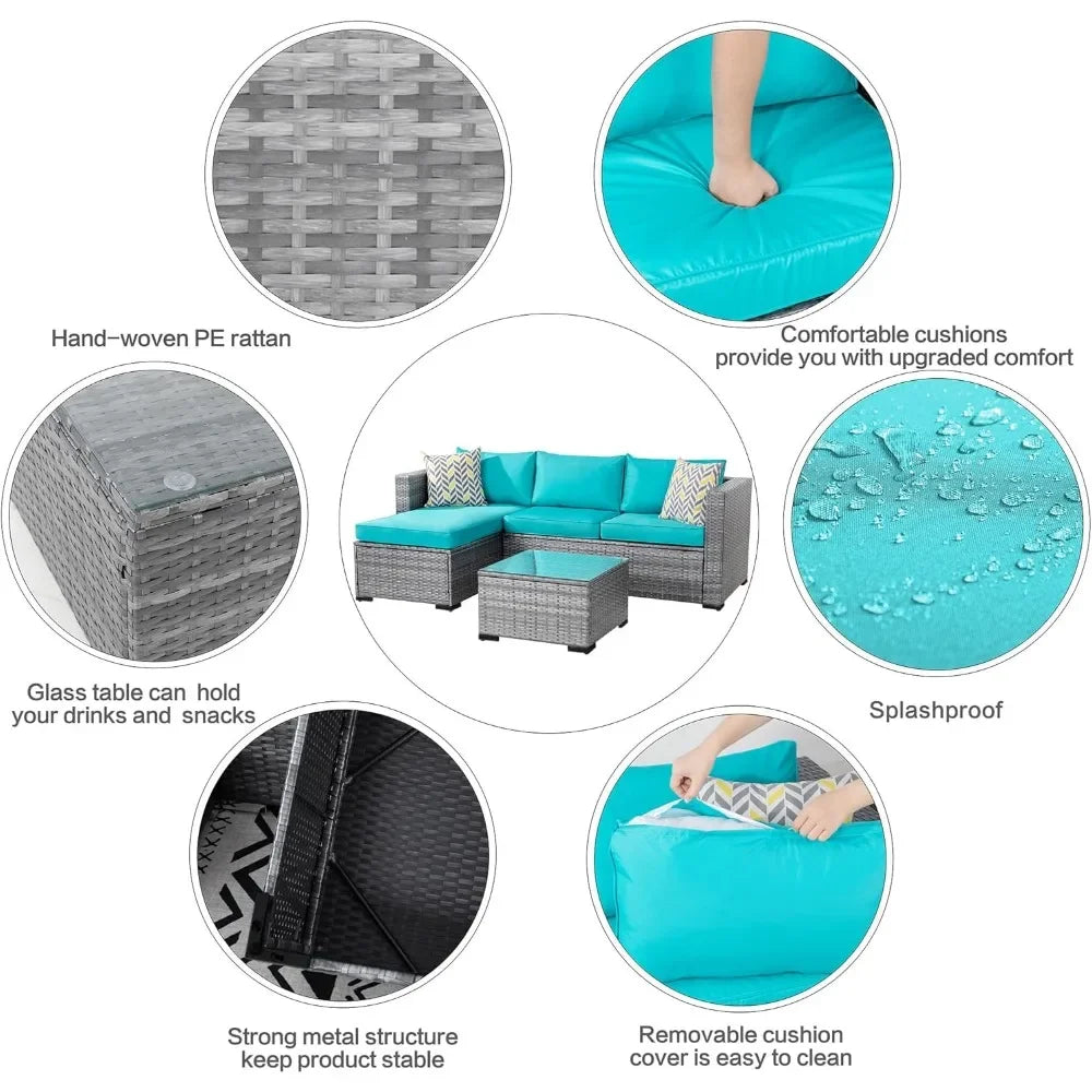 All-Weather Rattan Wicker Sofa with Washable Cushion and Glass Table