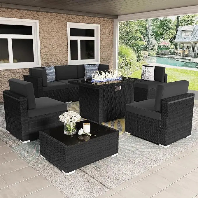 8 Piece Patio Furniture Set with 44" Propane Gas Fire Pit Table, Outdoor Wicker Conversation Sofa Set with Coffee Table