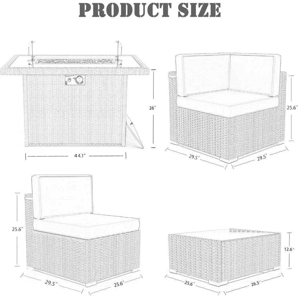 8 Piece Patio Furniture Set with 44" Propane Gas Fire Pit Table, Outdoor Wicker Conversation Sofa Set with Coffee Table