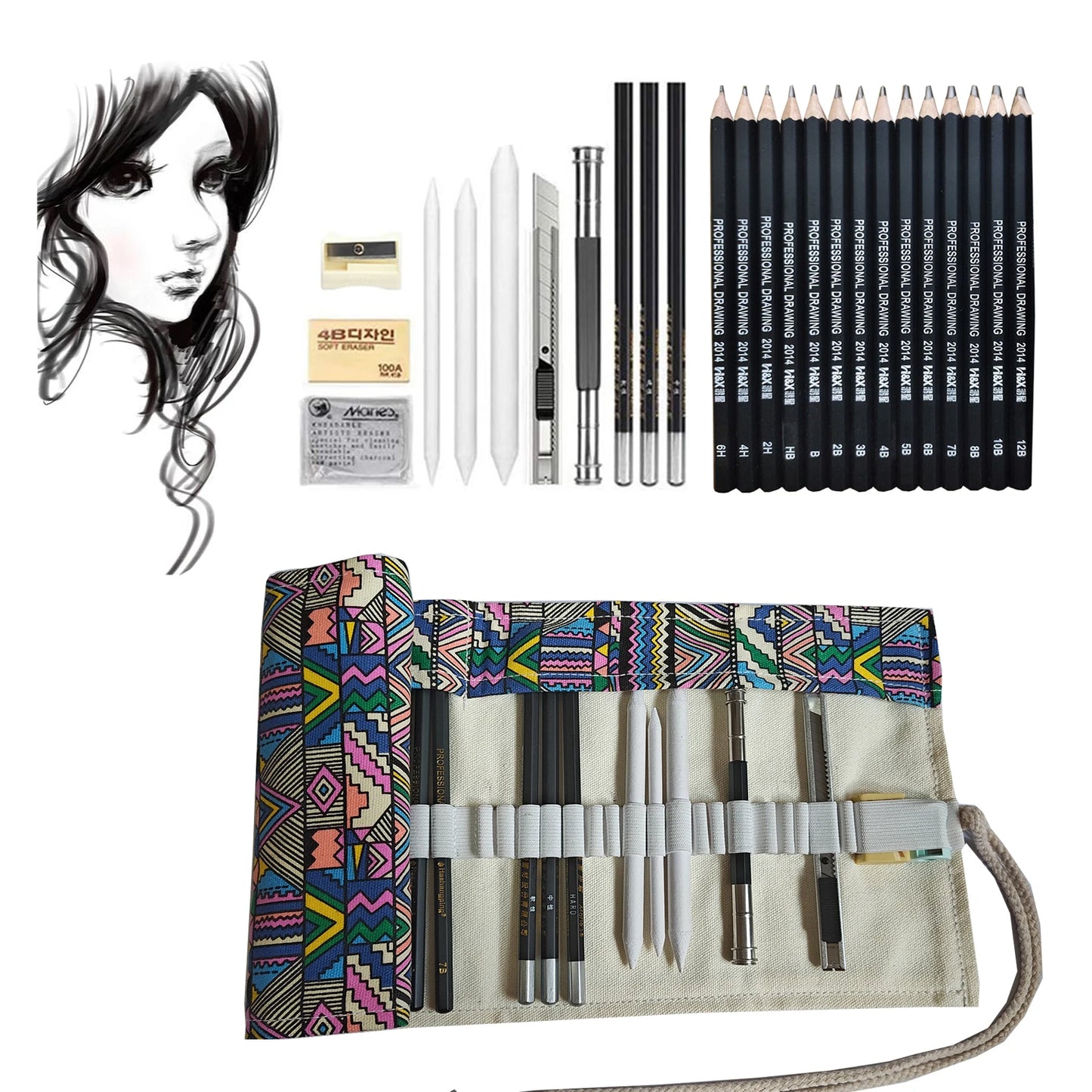 Drawing Pencils, 26/30/38pcs Sketching Pencils with Graphite ,Charcoal Pencils and Blending Stumps ,Gift for Beginners