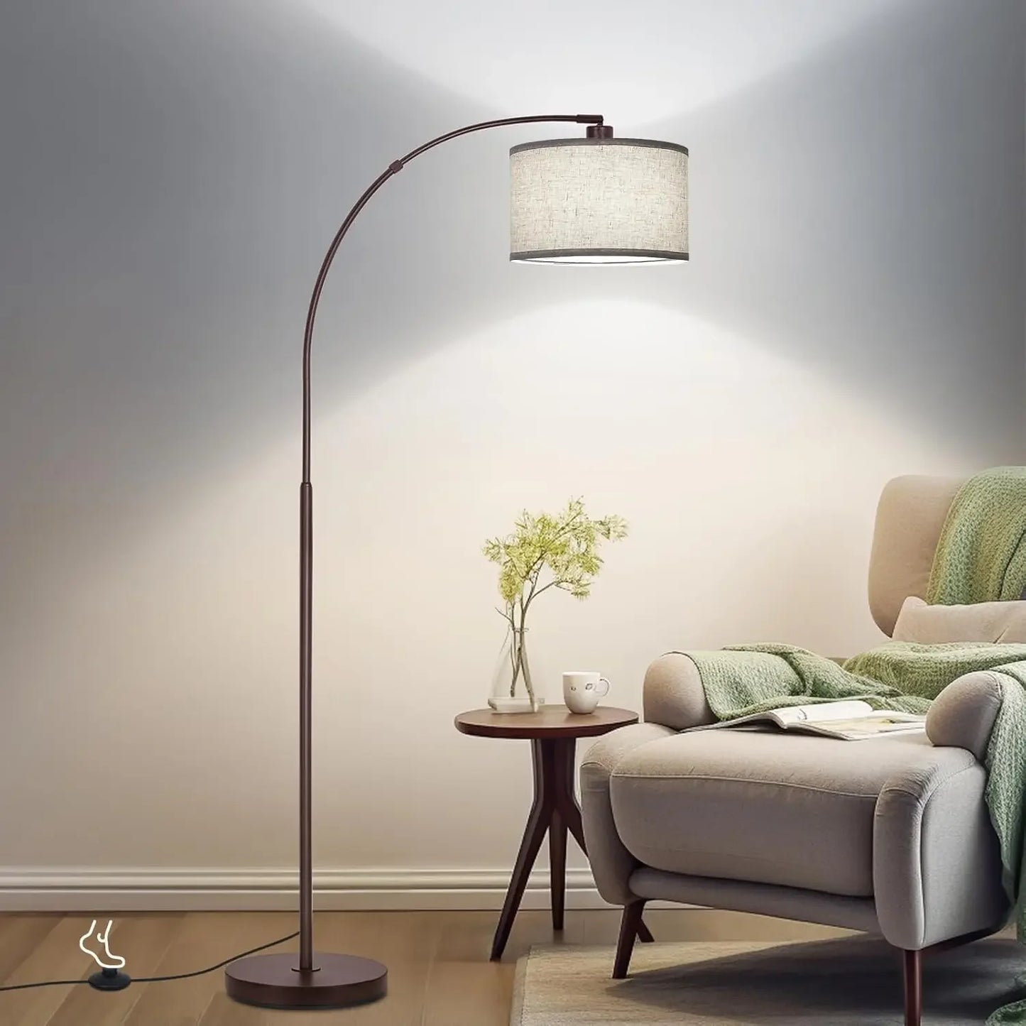 Modern Standing Lamp with Adjustable Drum Shade, Arched Floor Lamp with Foot Switch