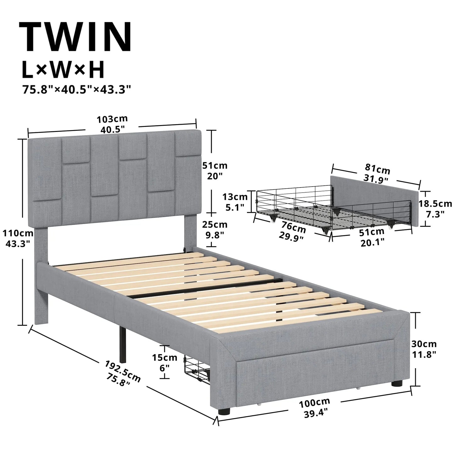 LIKIMIO Twin Bed Frame with Under-Bed Drawer, Platform Upholstered Bed with Headboard, No Box Spring Needed, Light Grey