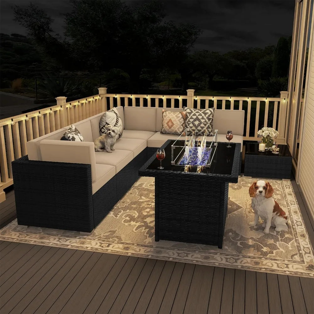 8 Piece Patio Furniture Set with 44" Propane Gas Fire Pit Table, Outdoor Wicker Conversation Sofa Set with Coffee Table