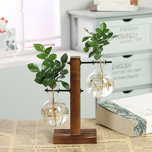 Terrarium Hydroponic Plant Vases 
Vintage Flower Pot Transparent Vase 
Wooden Frame Glass Tabletop
 Plants Home Bonsai Décor