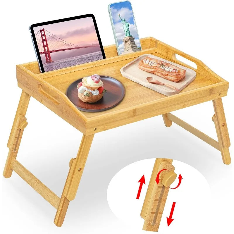 Bamboo Breakfast Food Table with Phone Tablet Holder