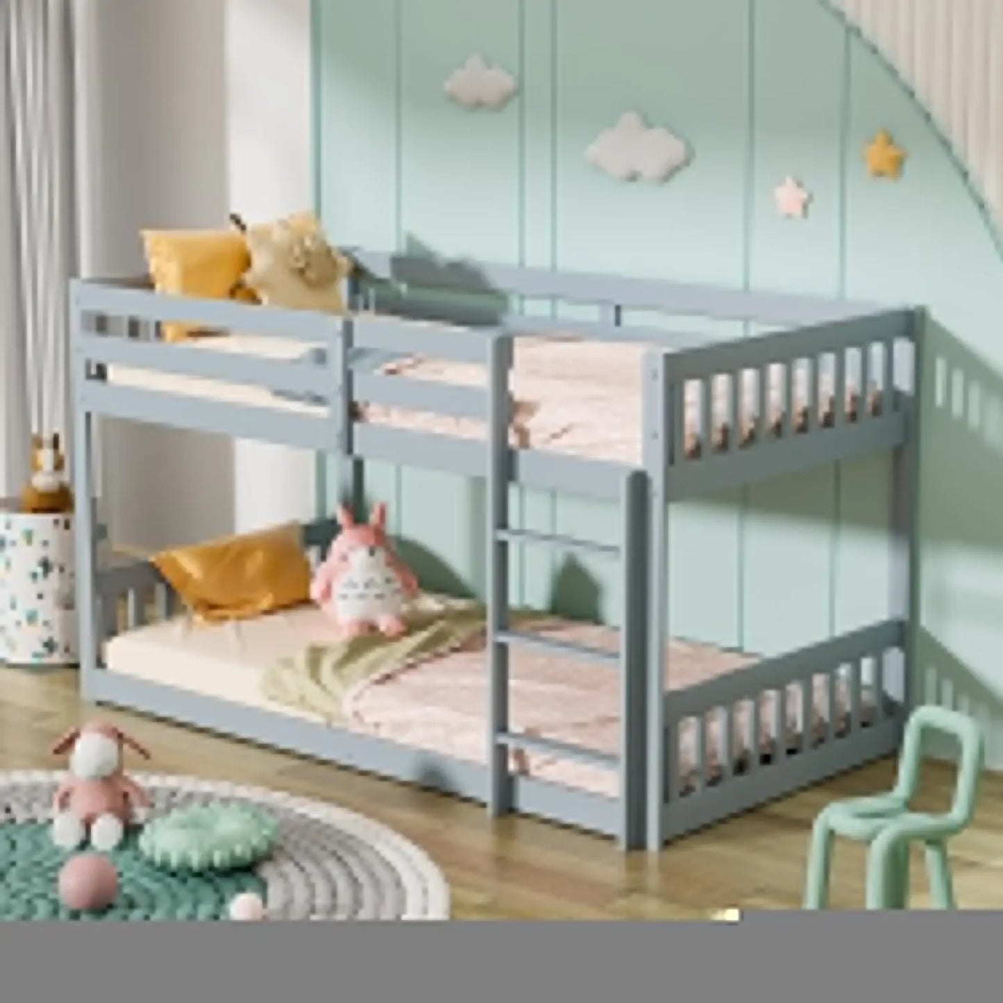 Twin Over Twin Bunk Bed for Kids Children Teens, Solid Wood Bunk Bed Frame with Ladder and Guard Rail Space Saving Beds Frames