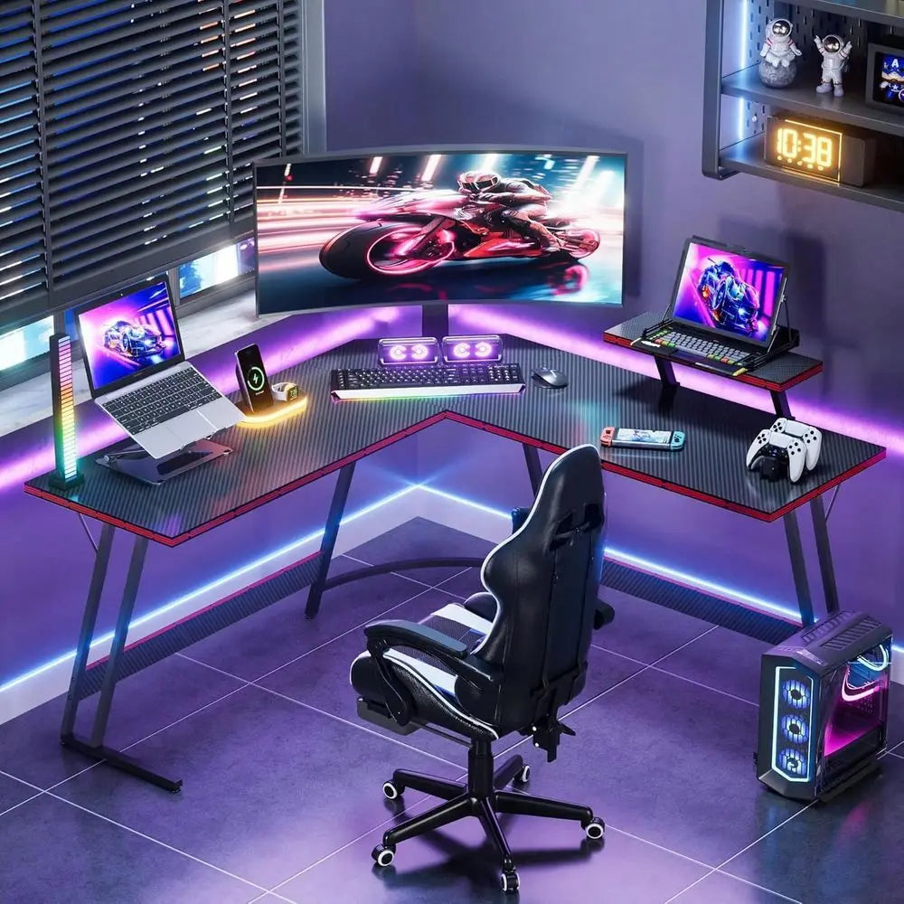 L Shaped Gaming Desk Computer Corner Desk PC Gaming Desk Table With Large Monitor Riser Stand For Home Office Sturdy Writing Wo