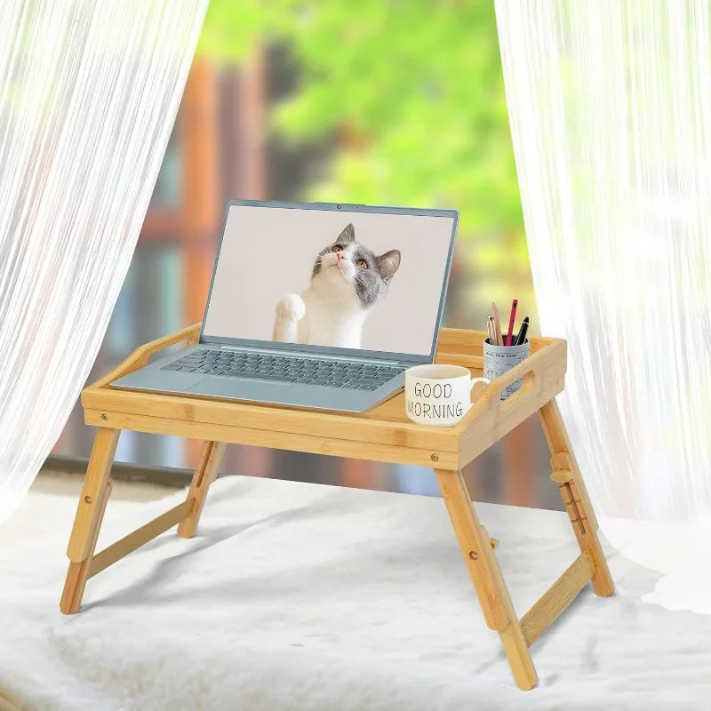 Bamboo Breakfast Food Table with Phone Tablet Holder