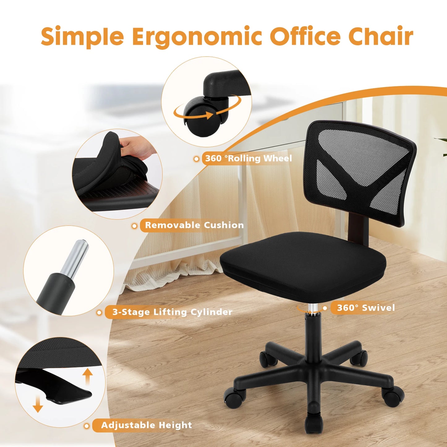 Office Mesh with Lumbar Support Armless  Chair 
Low Back with Wheels Adjustable Height 360° Rolling Swivel Computer Chair