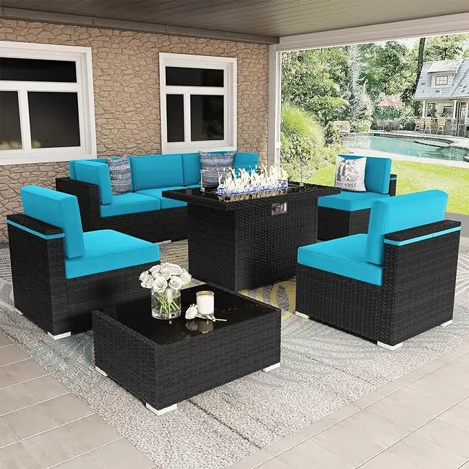 8 Piece Patio Furniture Set with 44" Propane Gas Fire Pit Table, Outdoor Wicker Conversation Sofa Set with Coffee Table