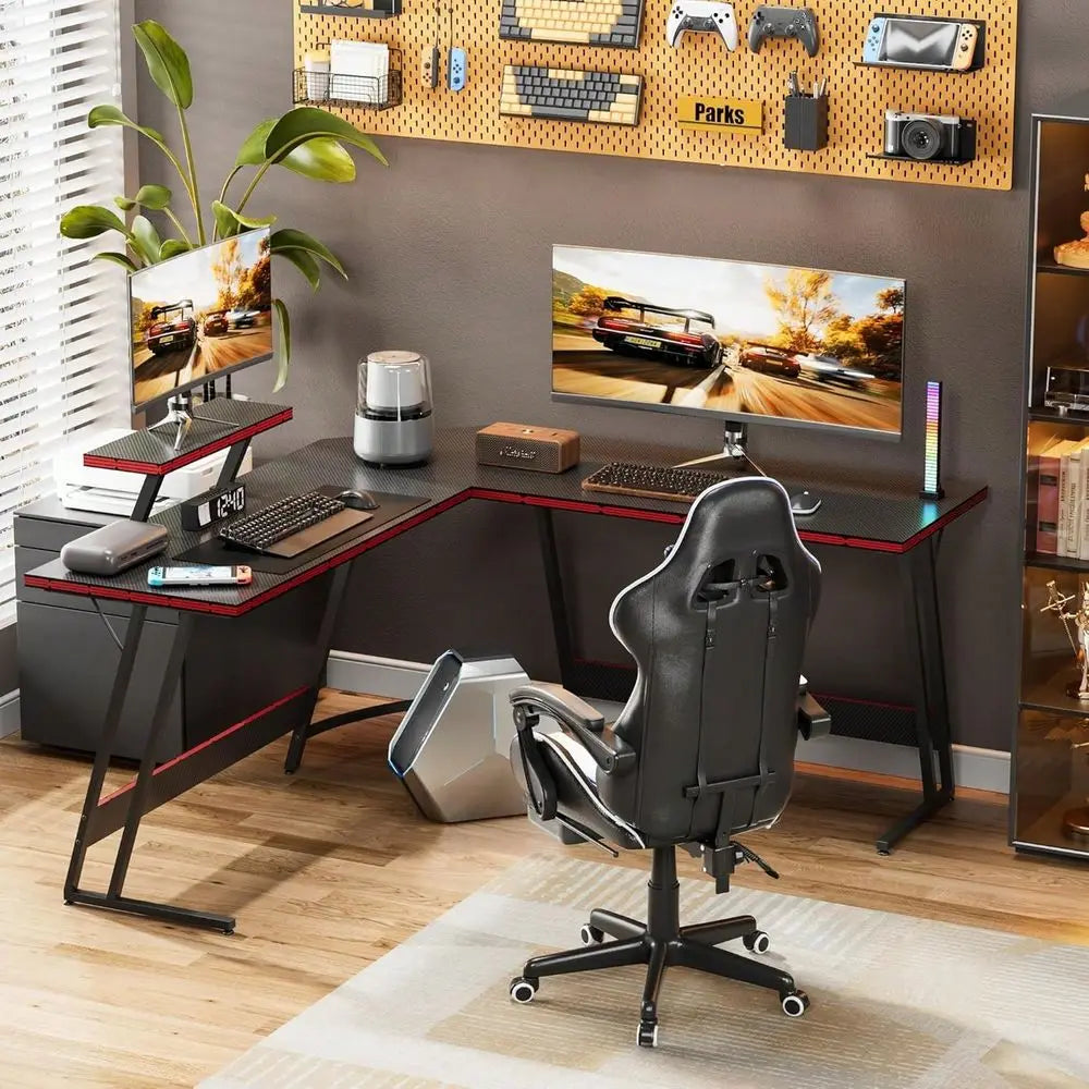 L Shaped Gaming Desk Computer Corner Desk PC Gaming Desk Table With Large Monitor Riser Stand For Home Office Sturdy Writing Wo