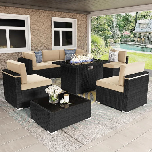 8 Piece Patio Furniture Set with 44" Propane Gas Fire Pit Table, Outdoor Wicker Conversation Sofa Set with Coffee Table