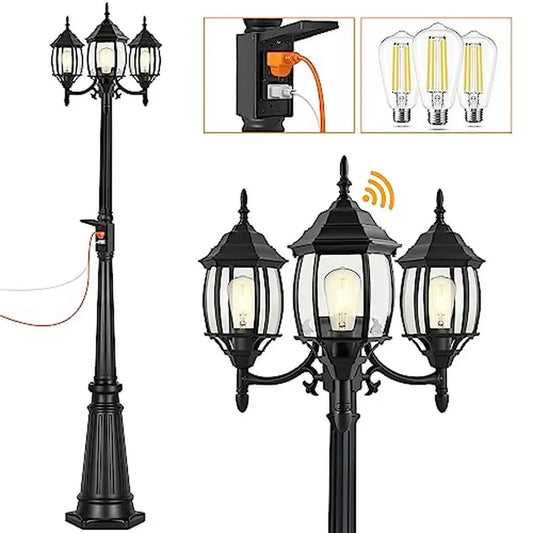 Outdoor Lamp Post Light with GFCI Outlet 3-Head Glass Panels