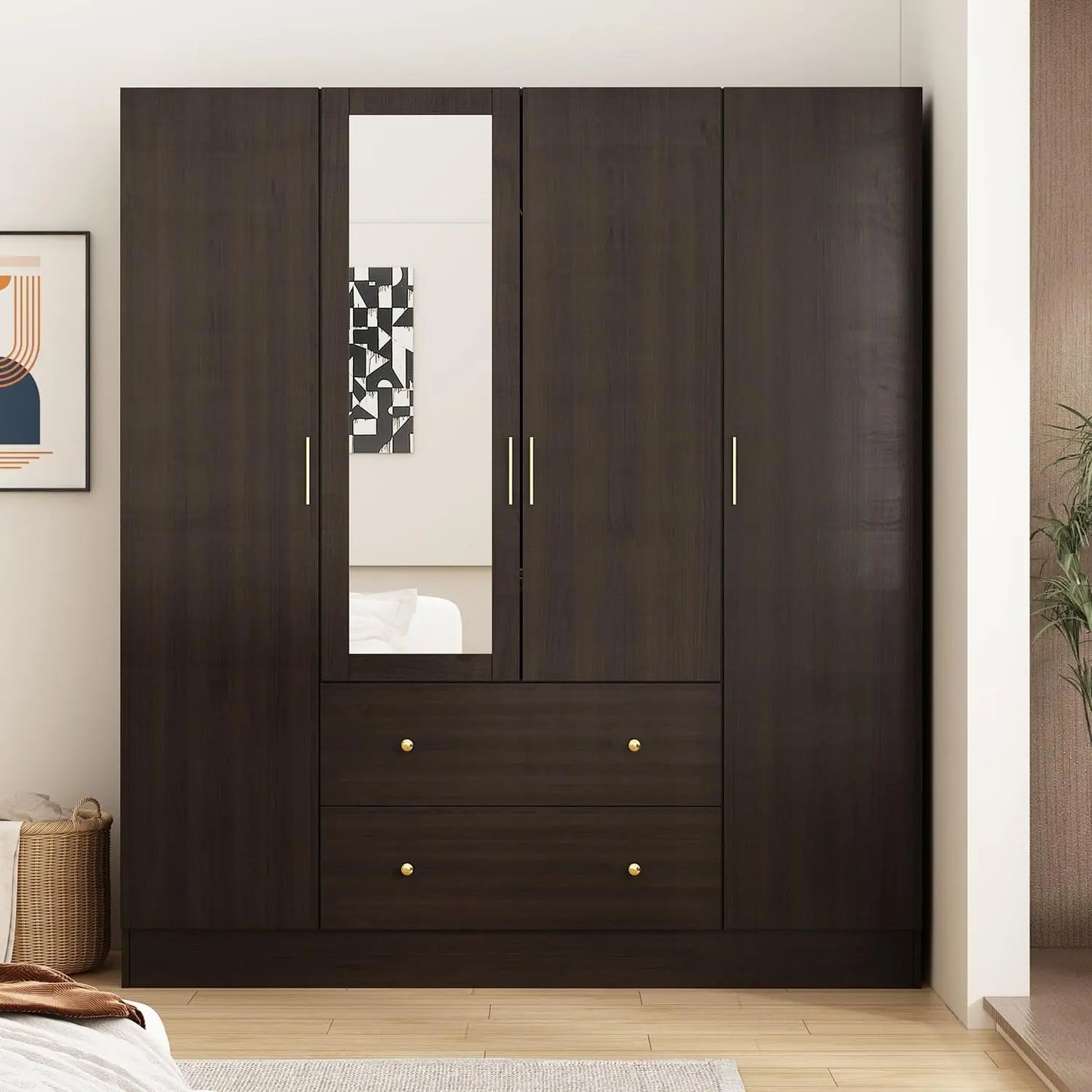 Dark Brown Wardrobe Armoire with Mirror