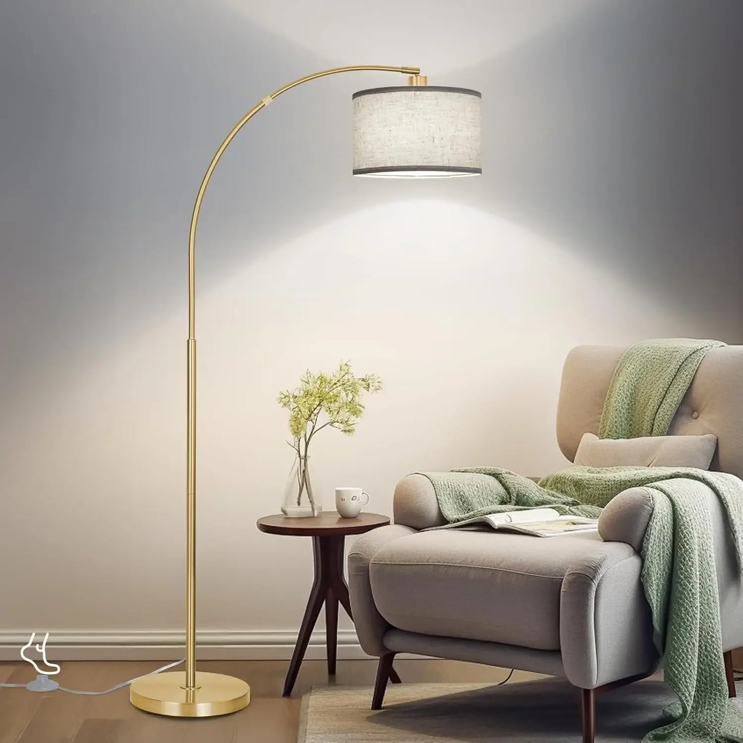 Modern Standing Lamp with Adjustable Drum Shade, Arched Floor Lamp with Foot Switch