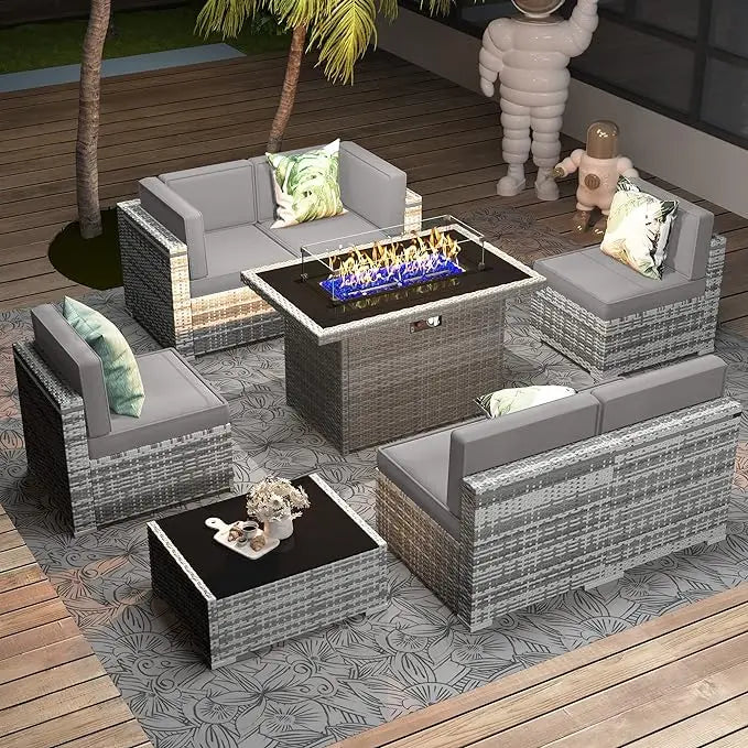 8 Piece Patio Furniture Set with 44" Propane Gas Fire Pit Table, Outdoor Wicker Conversation Sofa Set with Coffee Table